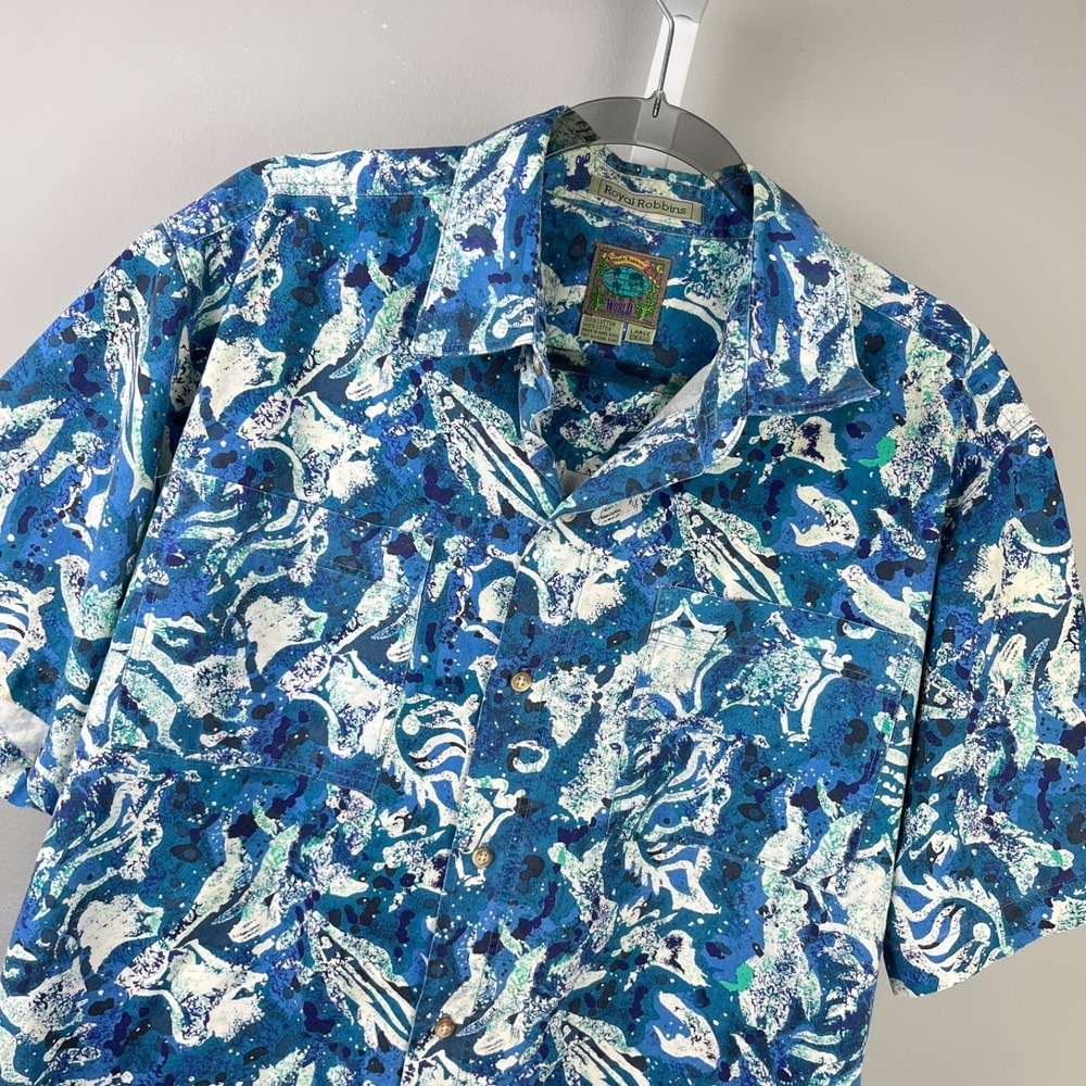 Vintage Royal Robbins Hawaiian Shirt Mens L Blue Abstract Resort Summer Cotton